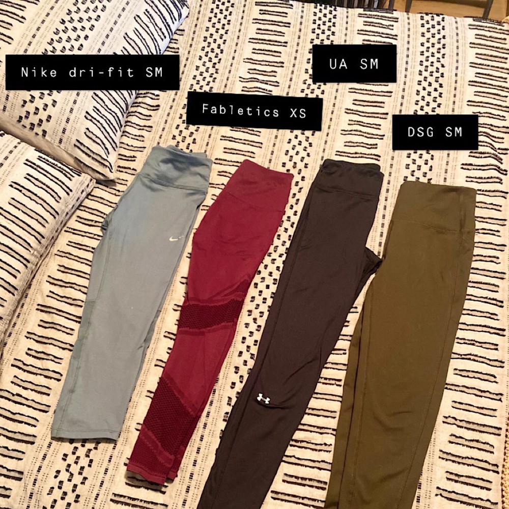 Assorted leggings. Fabletics, Nike, Under Armour, DSG.